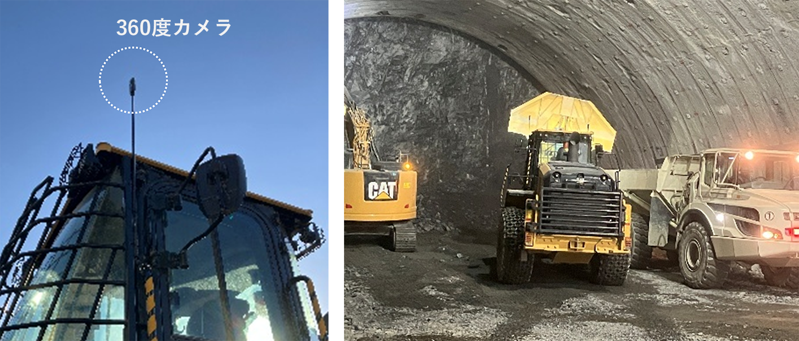 図2 360度カメラを取り付けたホイールローダー(左)と撮影状況(右)