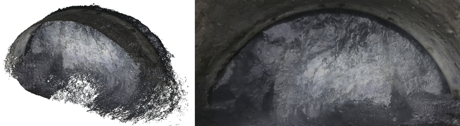 図5 作成した三次元モデル(左)とモデルから作成した切羽画像(右)